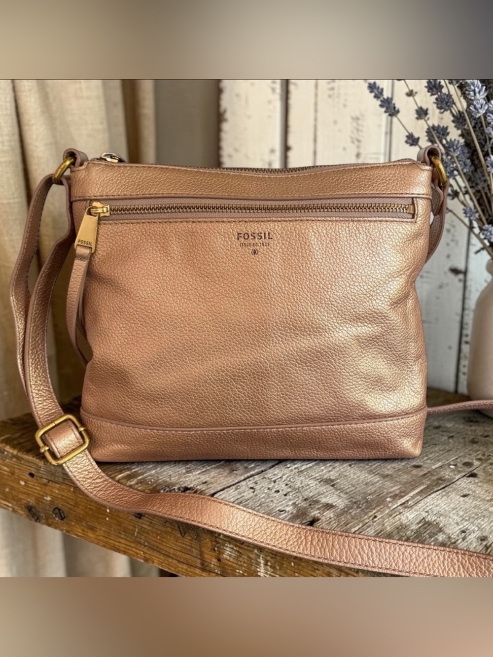 Fossil Metallic Bronze-Tone Pebble Leather Crossbody